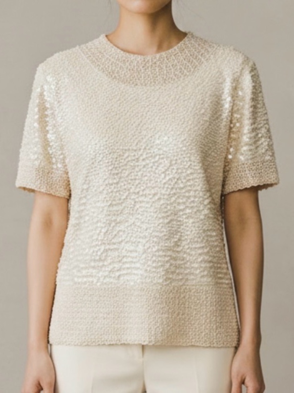 Vintage Ivory Beaded & Sequins Back Zipper Top